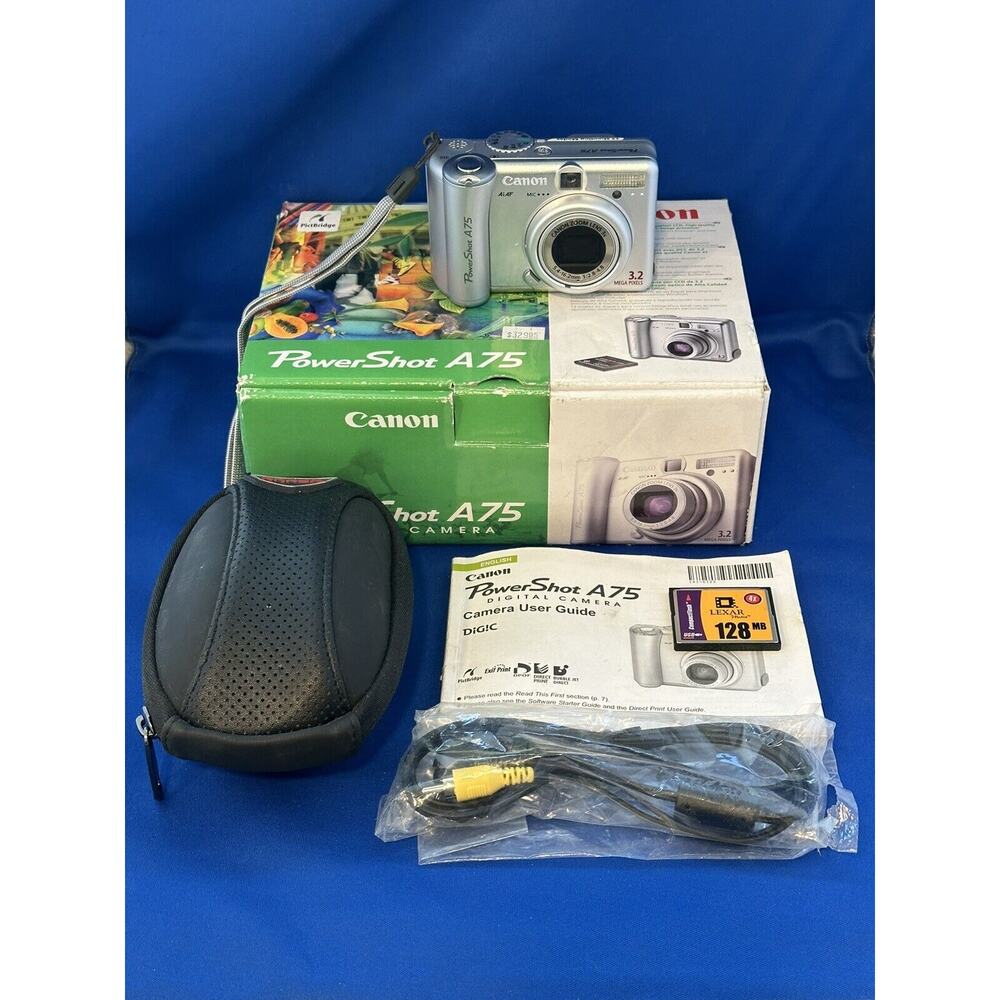 Canon PowerShot A75 3.2MP Digital Camera in Box w/ Card Case & Batteries - READ